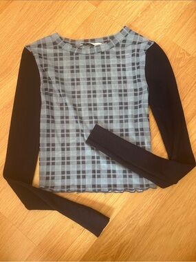 Plaid Panel Mesh Long Sleeve Top with Navy Sleeves